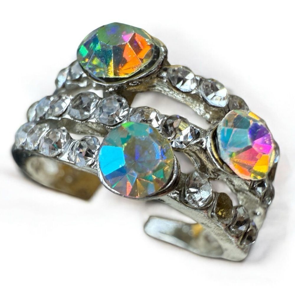 Adjustable Aurora Borealis Statement Ring Triple Band Silver Tone Sparkle